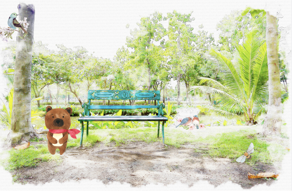 un banc, un ours en peluche en ballade, un rayon de soleil, un parc agréable, c'est ca la sérénité